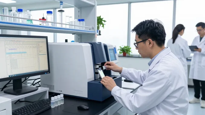 Aegean Labs scientist conducting HPLC analysis in a modern lab, showcasing precision in peptide testing.