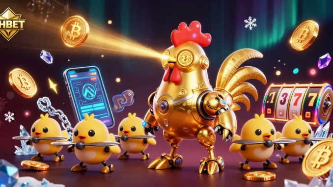 SHBET showcases its unique 3D illustration of a golden rooster robot amidst vibrant gaming elements.