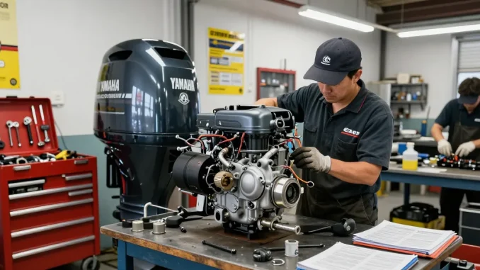 Expert outboard motor repair showing Yamaha engine disassembly in a busy workshop.