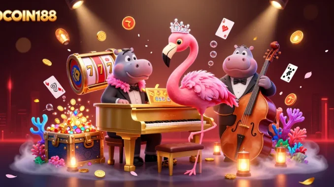 IDCOIN188 captures a vibrant casino scene with a flamingo singer and hippo bassist surrounded by stunning game elements.