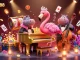 IDCOIN188 captures a vibrant casino scene with a flamingo singer and hippo bassist surrounded by stunning game elements.