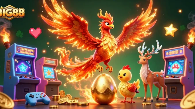 BIG88 players enjoy vibrant gaming with a soaring phoenix and baby, amidst glowing casino elements.