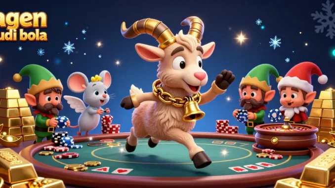 Engage with the dynamic agen judi bola scene filled with festive characters and casino elements.