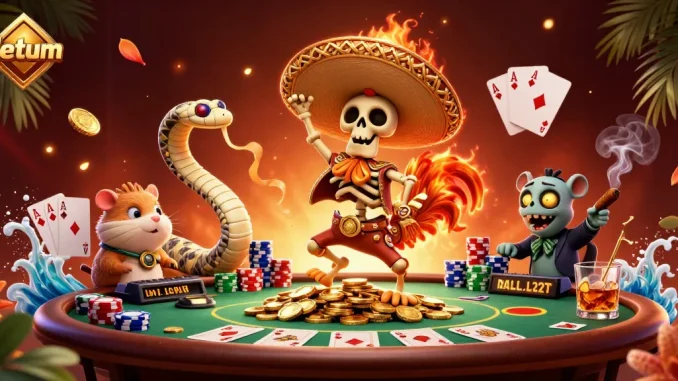 Engage with datum at a vibrant casino scene featuring a mariachi rooster and dynamic gambling elements.