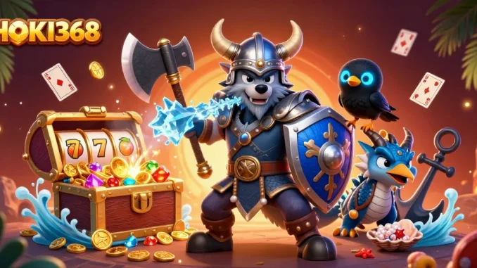 Catch the excitement of HOKI368 with cartoon Viking warriors, slot reels, and treasure in an immersive scene.