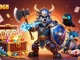 Catch the excitement of HOKI368 with cartoon Viking warriors, slot reels, and treasure in an immersive scene.