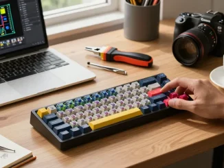 MCHOSE Ace 68 keyboard assembly in a creative workspace with colorful keycaps and switches.