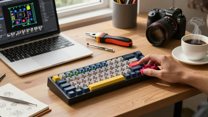 MCHOSE Ace 68 keyboard assembly in a creative workspace with colorful keycaps and switches.