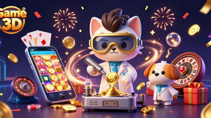 Engage with Game Bài 3D in a vibrant 3D scene featuring casino-themed elements and characters.