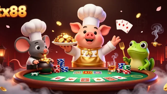 Experience the vibrant action of tx88 with gourmet coins, dynamic poker elements, and rich 3D visuals.