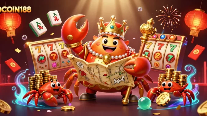 Experience the thrilling excitement of IDCOIN188 as the golden crab emperor reigns among slot reels and vibrant gaming elements.