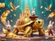 Join the exciting MM88 adventure with a golden tortoise casino and a rabbit dealer amidst flying gold coins.