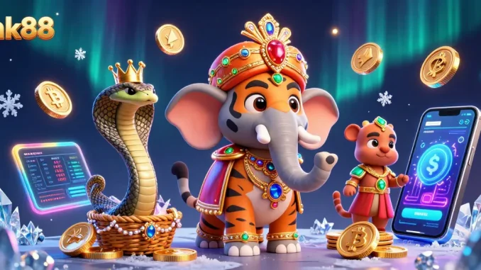 Betting with nk88: Watch the tiger maharaja and his elephant amidst vibrant crypto elements in this casino scene.