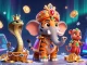 Betting with nk88: Watch the tiger maharaja and his elephant amidst vibrant crypto elements in this casino scene.