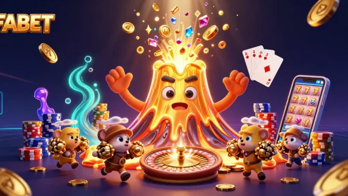 FABET showcases a triumphant volcano erupting coins in a rich casino scene.