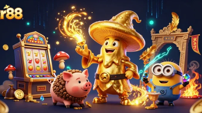 Spin the reels at tr88 with a golden mushroom wizard and treasure-hunting pig in a vibrant casino.