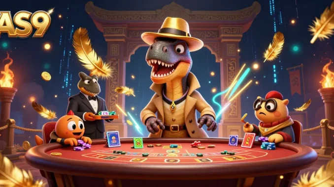 Experience thrilling gameplay with AS9 in this vibrant 3D casino scene featuring cartoon dinosaurs.
