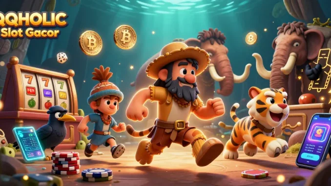 Experience the excitement of QQHOLIC Slot Gacor with caveman and sabertooth in a vibrant prehistoric casino.