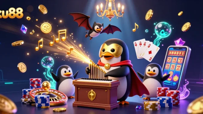 ku88 gaming illustration with a penguin playing an organ, golden coins flying around