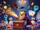 ku88 gaming illustration with a penguin playing an organ, golden coins flying around