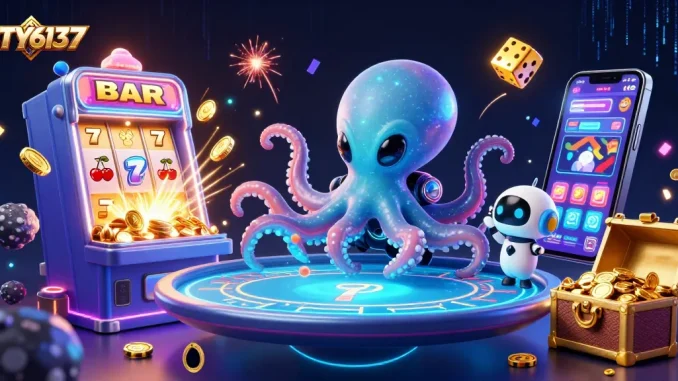 Engage in the cosmic slots with BTY6137 as the alien octopus deals cards at a holographic table.