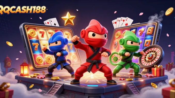 Play thrilling slot games and explore QQCASH188 with a vibrant 3D casino scene filled with action.