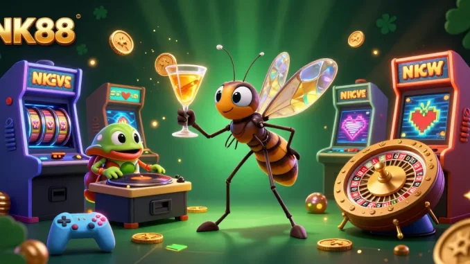 Engage with NK88, a 3D cartoon casino scene featuring iconic gaming characters and vibrant elements.