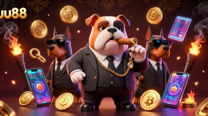 Spin to win at uu88 with a stylish mafia bulldog and his guards amidst vibrant gaming elements.