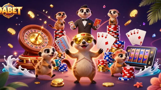 DABET meerkats run a vibrant casino, featuring card dealers, chips, and roulette.