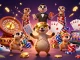 DABET meerkats run a vibrant casino, featuring card dealers, chips, and roulette.