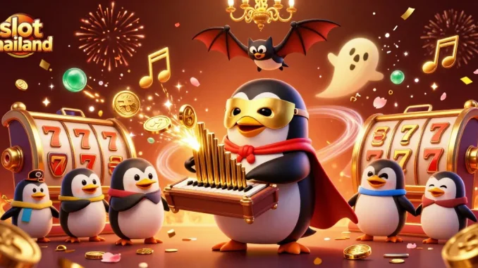 Experience thrilling gameplay in slot thailand with a vibrant scene of a penguin playing an organ surrounded by festive elements.