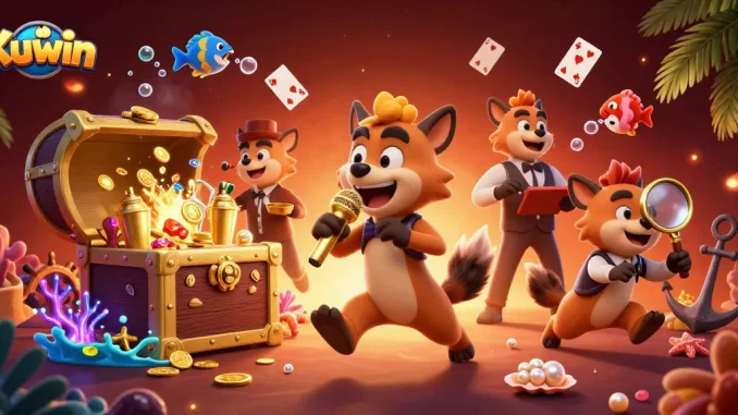 Kuwin casino scene captures hyenas celebrating with treasures in a vibrant comedy club atmosphere.