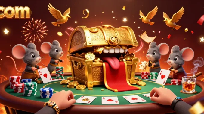 Join the excitement at com's vibrant casino scene with glittering poker elements and a treasure chest.