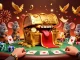 Join the excitement at com's vibrant casino scene with glittering poker elements and a treasure chest.