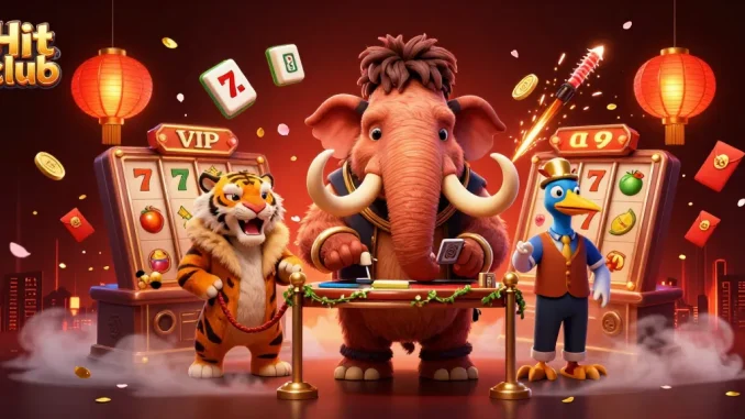 Hit club invites players to join the vibrant casino scene with a woolly mammoth bouncer checking IDs.