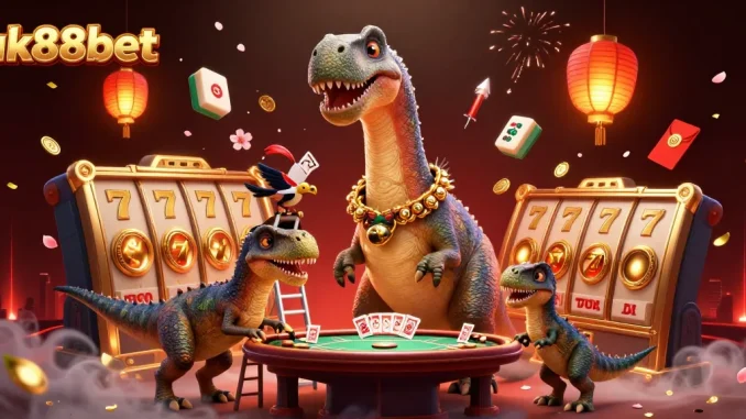 uk88bet illustrates vibrant casino excitement with a towering brontosaurus, poker action, and festive elements