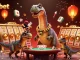 uk88bet illustrates vibrant casino excitement with a towering brontosaurus, poker action, and festive elements
