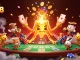 Experience thrilling action at Nhà cái GG88 with a golden volcano erupting treasures, poker elements, and vibrant ambiance.