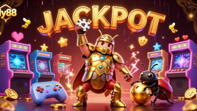 Experience thrilling casino action with fly88's illustration featuring a victorious beetle champion wielding a poker chip.
