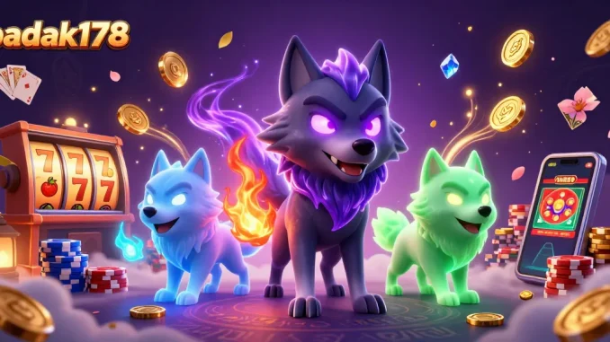 Experience the thrill of badak178 with a vibrant casino scene featuring lucky sevens and ghostly wolf characters.