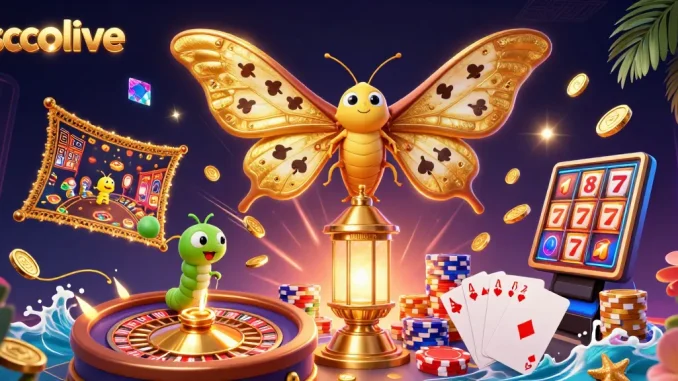 Socolive captivates with vibrant 3D casino moth spreading colorful card suits amid flying coins.