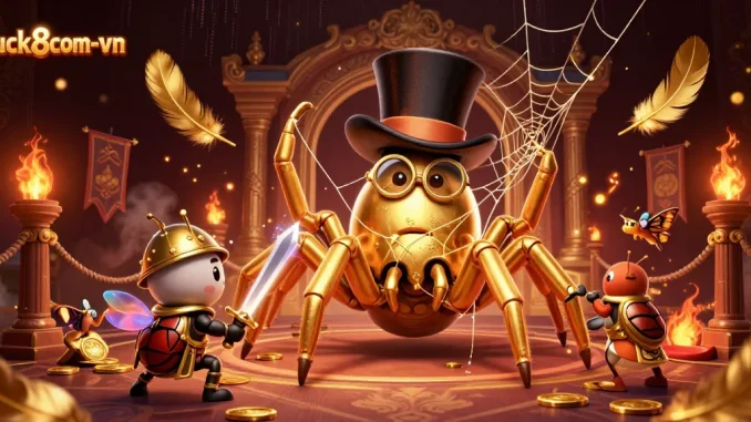 Engage in the vibrant luck8com-vn gaming scene with golden tarantula, brave knight, and moth onlookers.