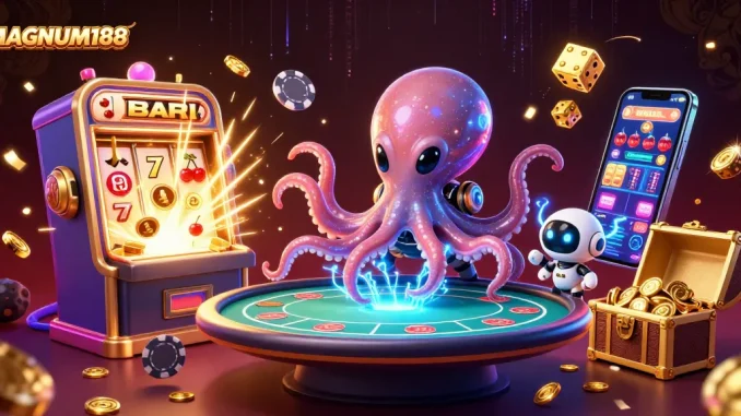 Experience thrilling action with MAGNUM188's vibrant alien octopus dealing poker at a holographic table surrounded by dynamic casino elements.