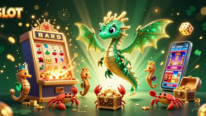 SLOT game illustration with a vibrant 3D sea dragon, jackpot slot machine, and exciting casino elements.
