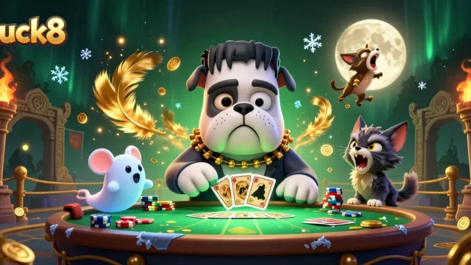 Luck8 brings excitement as a Frankenstein bulldog deals cards at a spooky casino table, with vibrant elements.