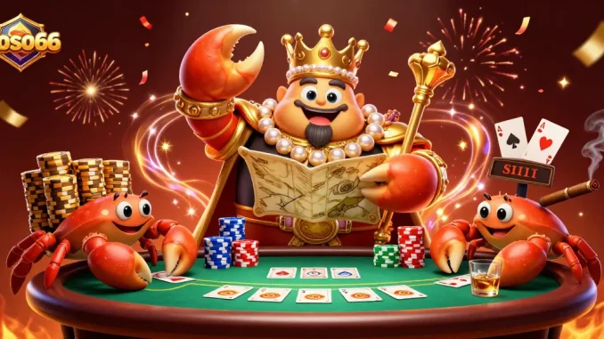 xoso66 showcases a 3D cartoon golden crab emperor presiding over a vibrant casino scene with poker elements.
