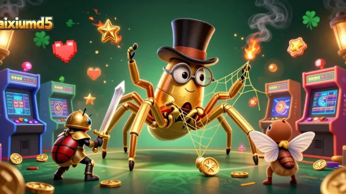Experience taixiumd5 with an engaging illustration of a golden tarantula and beetle knight in a casino setting.