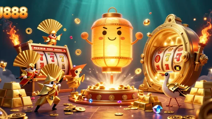 Play at U888 and win with vibrant casino action, featuring golden lantern spirits and treasures.