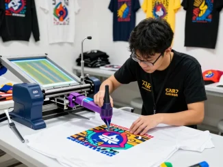 Vibrant t-shirt printing singapore workshop with custom designs and skilled printer.