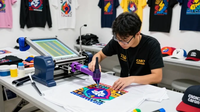 Vibrant t-shirt printing singapore workshop with custom designs and skilled printer.